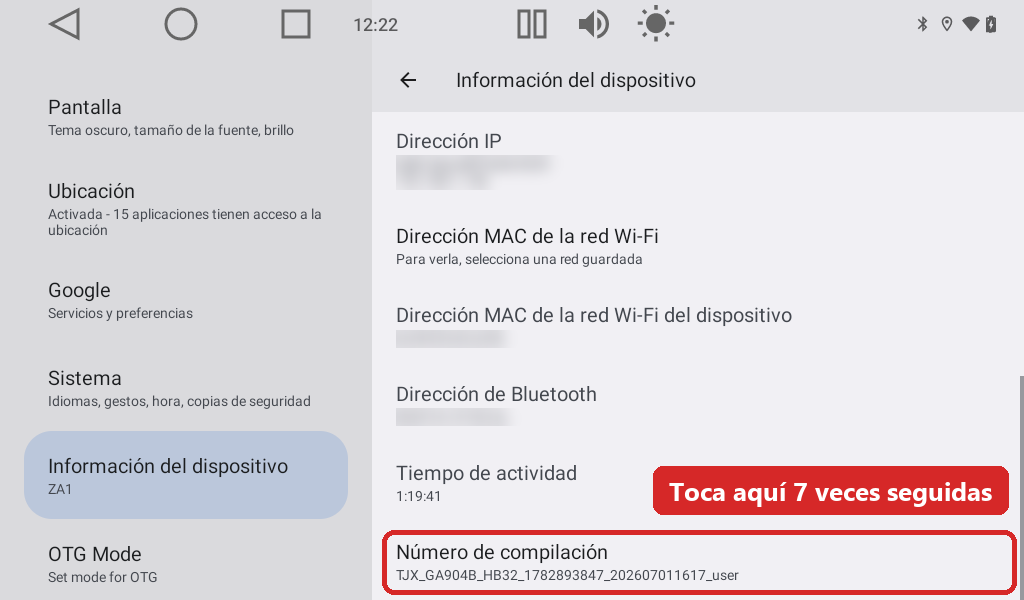 Abajo del todo: Número de compilación, 7 toques seguidos