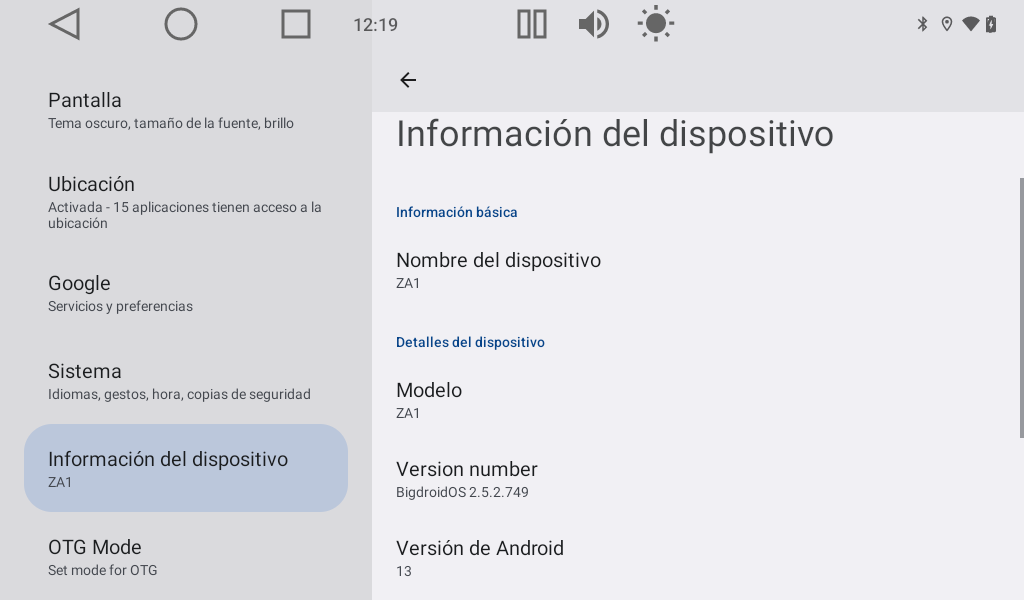 Ajustes: Información del dispositivo, la última de la lista