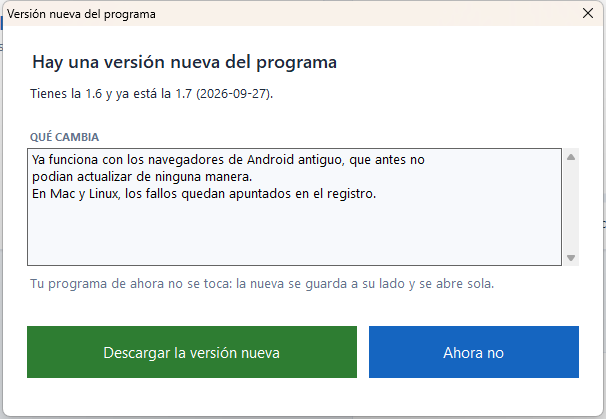 Lo que cambia en la versión nueva, y los dos botones: bajarla o dejarlo