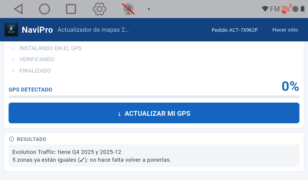 Con una zona marcada, ACTUALIZAR MI GPS se enciende