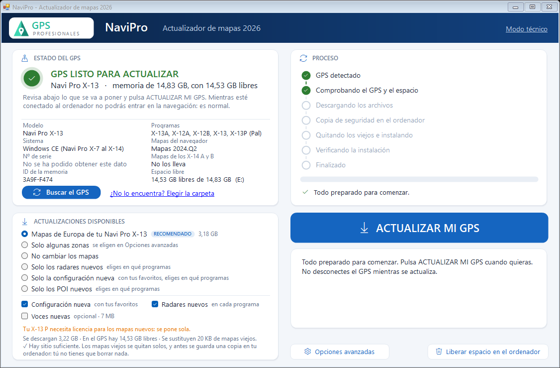 GPS reconocido: modelo, programas, mapas actuales y espacio libre.