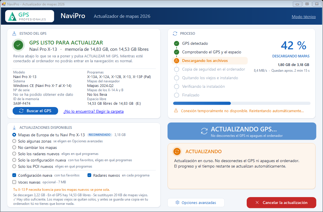 El paso en curso se pone en naranja mientras se recupera la conexión.