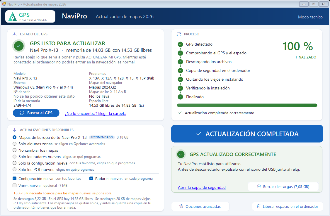 Terminado. Desde aquí puedes abrir la copia de seguridad o borrar los mapas descargados.