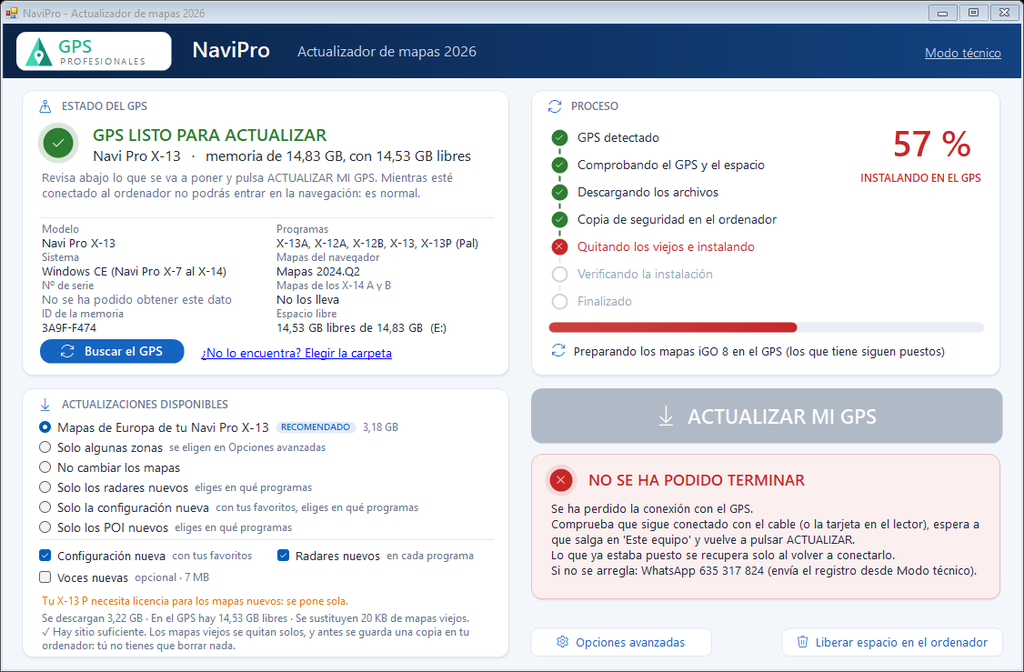 Cuando algo falla, el programa lo explica en una frase y deja el GPS como estaba.